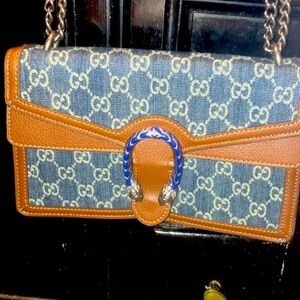 Gucci Blue and Brown Shoulder Bag with Signature GG Monogram